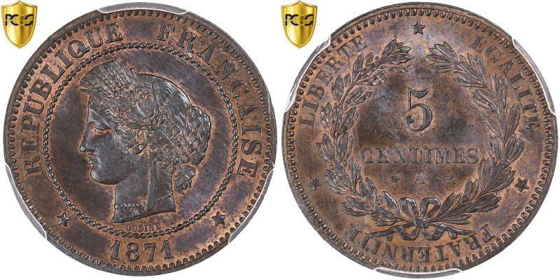 France, 5 Centimes, Cérès, 1871, Paris, Bronze, PCGS, MS65BN, Gadoury:157
Laure...