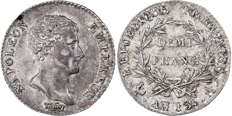 France, Napoleon I, 1/2 Franc, AN 13, Paris, Silver, AU(50-53), Gadoury:395
Bar...