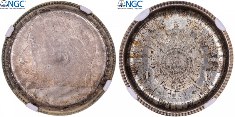 France, Napoleon III, Franc, 1867, Bordeaux, REVERSE DIE CAP, NGC, MS66
Laureat...