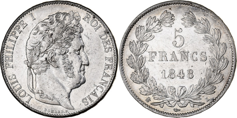 France, Louis-Philippe I, 5 Francs, 1848, Bordeaux, Silver, AU(55-58)
Head of L...