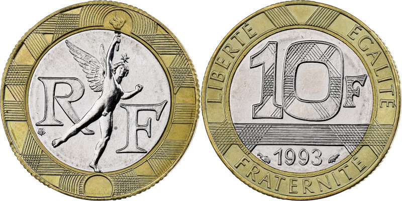 France, 10 Francs, Génie, 1993, MDP, Série BU, Bi-Metallic, MS(63)
Winged genie...