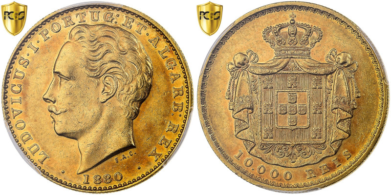 Portugal, Luiz I, 10000 Reis, 1880, Lisbon, Gold, PCGS, AU55, KM:520
Head of Lu...