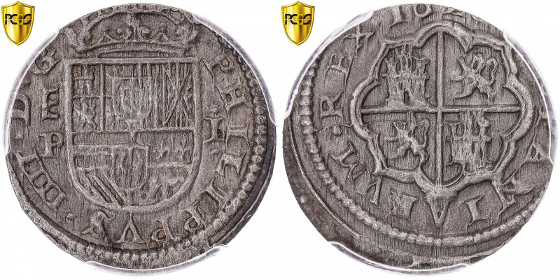 Spain, Philip IV, Real, 162[?], Segovia, Silver, PCGS, MS62, KM:92
Crowned shie...