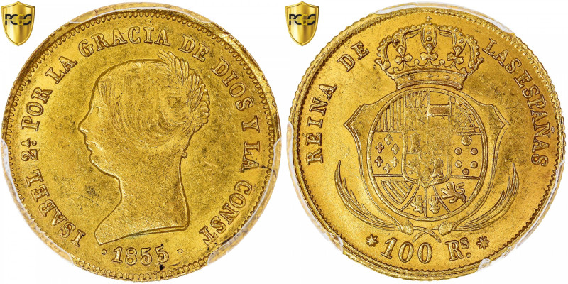 Spain, Isabel II, 100 Reales, 1855, Seville, Gold, PCGS, MS61, KM:596.3
Head of...