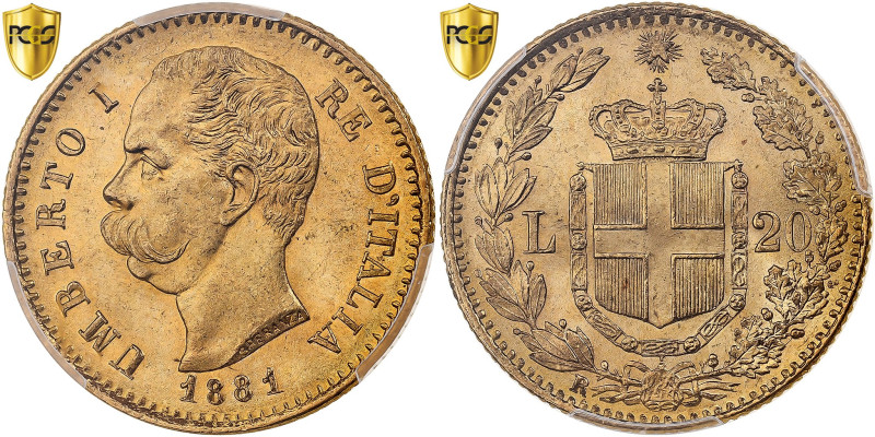 Italy, Umberto I, 20 Lire, 1881, Rome, Gold, PCGS, MS65, KM:21
Head of Umberto ...