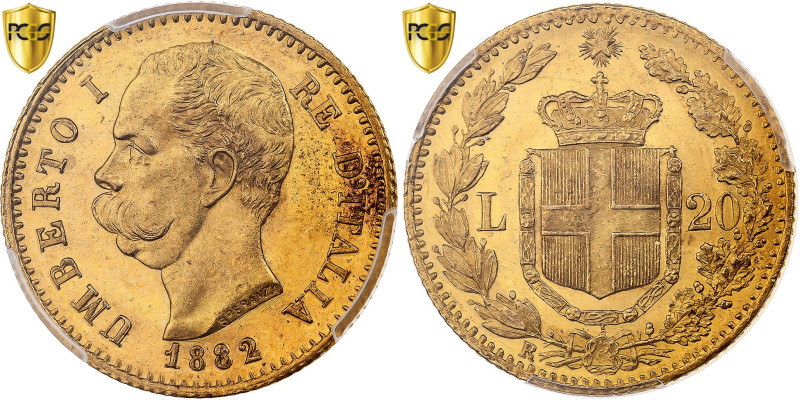 Italy, Umberto I, 20 Lire, 1882, Rome, Gold, PCGS, MS64, KM:21
Head of Umberto ...