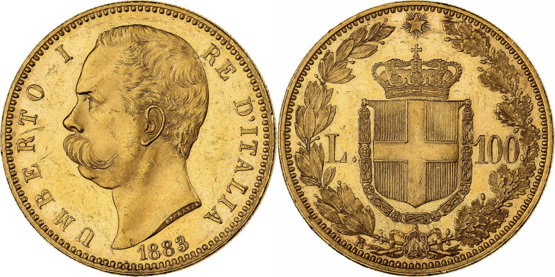 Italy, Umberto I, 100 Lire, 1883, Rome, Gold, AU(55-58), KM:22
Bare head of Umb...