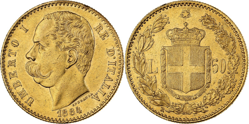 Italy, Umberto I, 50 Lire, 1884, Rome, Gold, EF(40-45), KM:25
Head of Umberto I...