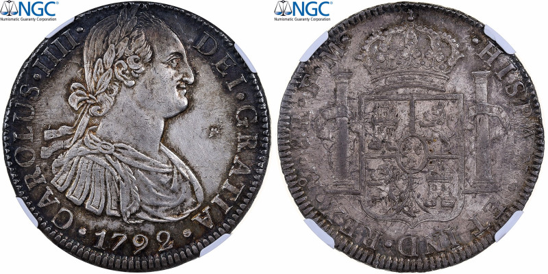 Mexico, Charles IV, 8 Reales, 1792, Mexico City, Silver, NGC, UNC Details
Laure...