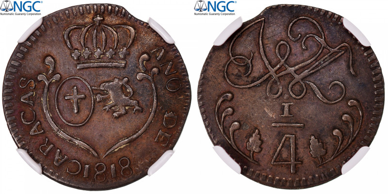 Venezuela, Ferdinand VII, 1/4 Réal, 1818, Caracas, Copper, NGC, AU55 BN, KM:2
H...