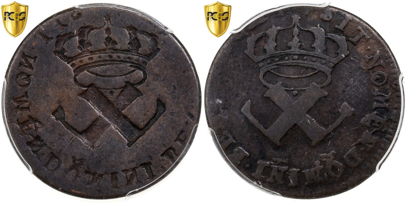 New France, Louis XV, 9 Deniers, (1721-22), Incuse strike, Bronze, PCGS, F15
Cr...