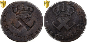 New France, Louis XV, 9 Deniers, (1721-22), Incuse strike, Bronze, PCGS, F15