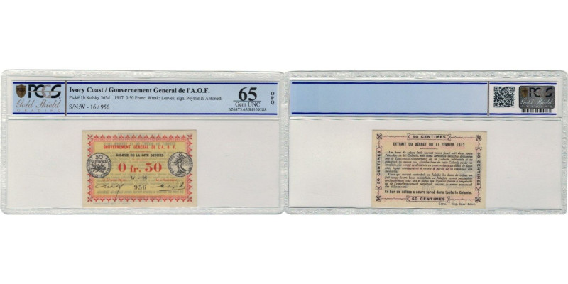 Ivory Coast, 0.50 Franc, 1917-11-02, UNC(65-70), PCGS, Gem UNC 65
Watermark: La...