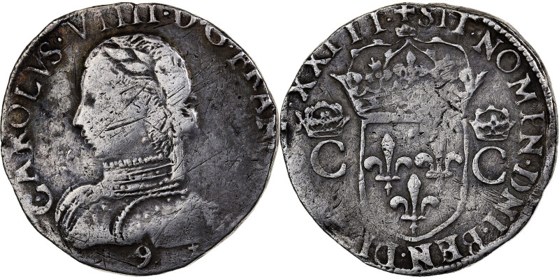 France, Charles IX, Teston with 2 crowned C's, 1573, Rennes, Silver, VF(30-35)
...