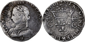 France, Charles IX, Teston with 2 crowned C's, 1573, Rennes, Silver, VF(30-35)