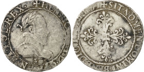 France, Henri III, 1/2 Franc au col plat, 1577, Troyes, Silver, VF(20-25)