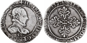 France, Henri III, 1/2 Franc au col plat, 1577, Troyes, Silver, VF(30-35)