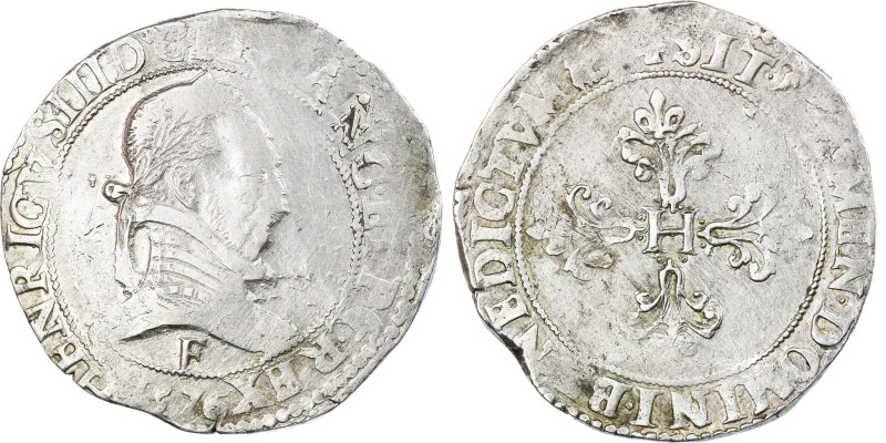 France, Henri III, Franc au Col Plat, 1576, Angers, Silver, VF(30-35)
Laureate ...