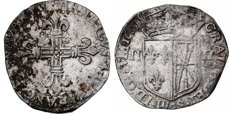 France, Henri IV, 1/4 Écu de Navarre, 1605, Saint-Palais, Silver, VF(30-35)
Cro...