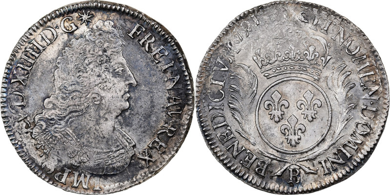 France, Louis XIV, 1/2 Ecu aux palmes, 1697, Rouen, reformed, Silver, VF(30-35)...