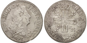 France, Louis XIV, 1/12 Ecu aux 8 L, 1691, Paris, reformed, Silver, VF(30-35)