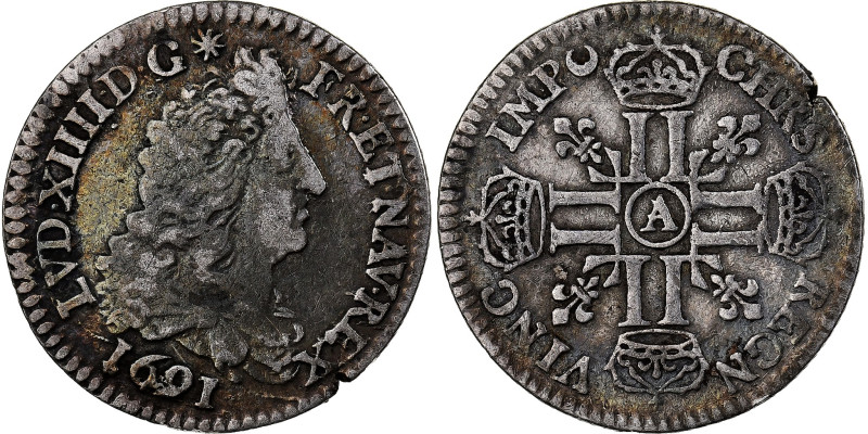 France, Louis XIV, 1/12 Ecu aux 8 L, 1691, Paris, reformed, Silver, VF(30-35)
D...