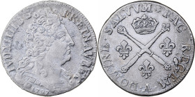 France, Louis XIV, 20 Sols aux insignes, 1707, Paris, Silver, VF(30-35)