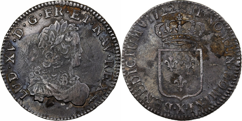 France, Louis XV, 1/3 écu de France, 1722, Amiens, Silver, VF(30-35)
Laureate, ...