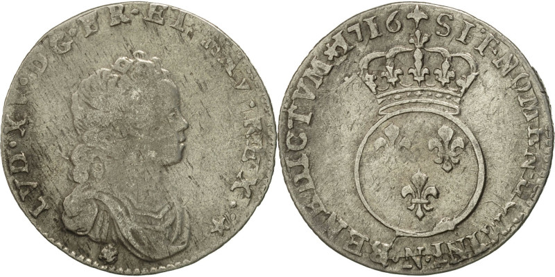 France, Louis XV, 1/10 Écu vertugadin, 1716, Montpellier, reformed, Silver
Drap...