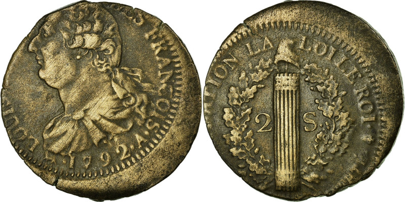 France, Louis XVI, 2 sols François, 1792, Paris, Fautée, Bell metal, EF(40-45)
...