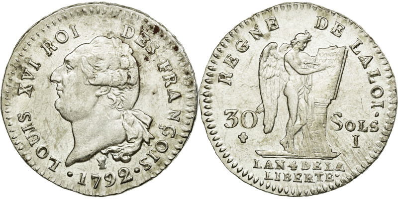 France, Louis XVI, 30 sols françois, 1792 / AN 4, Limoges, Silver, EF(40-45)
Ba...