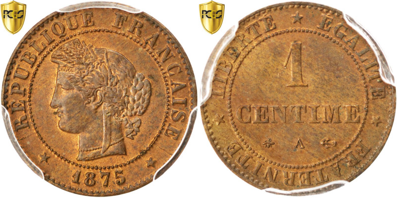 France, Centime, Cérès, 1875, Paris, Bronze, PCGS, MS64RB, Gadoury:88
Head of C...