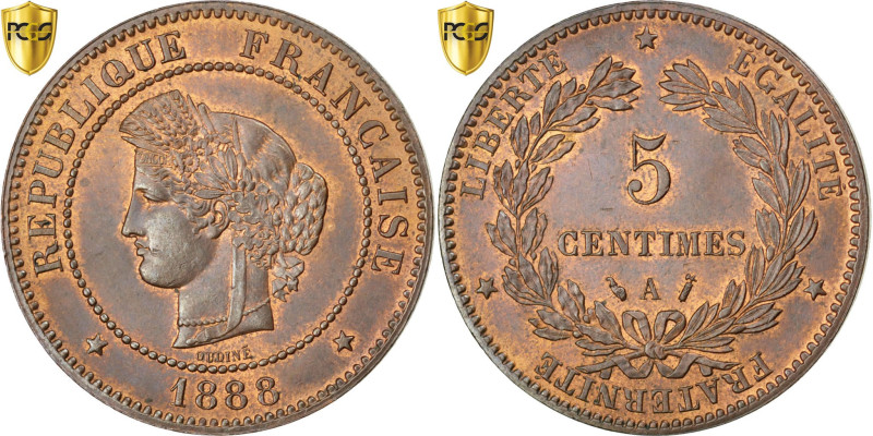 France, 5 Centimes, Cérès, 1888, Paris, Bronze, PCGS, MS65RB, Gadoury:157a
Head...