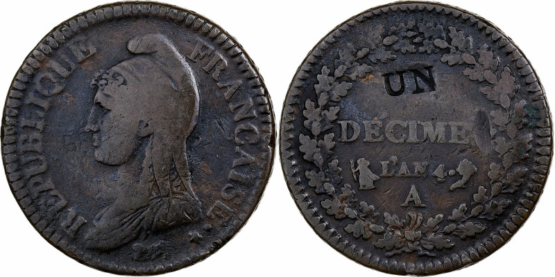 France, 1 Décime, Dupré, AN 4, Paris, Modification of the 2 décimes, Copper
Dra...