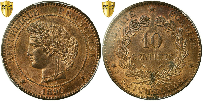 France, 10 Centimes, Cérès, 1890, Paris, Bronze, PCGS, MS64RB, Gadoury:265a
Hea...