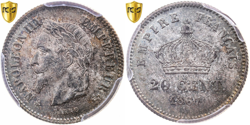 France, Napoleon III, 20 Centimes, 1867, Paris, Silver, PCGS, MS65, Gadoury:309...