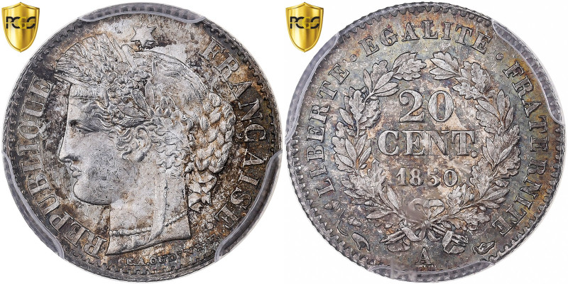 France, 20 Centimes, Cérès, 1850, Paris, Silver, PCGS, MS64, Gadoury:303
Head o...