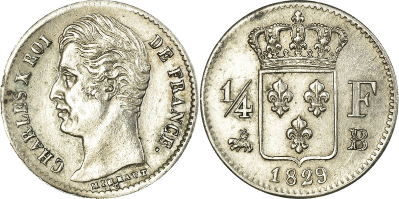 France, Charles X, 1/4 Franc, 1829, Rouen, Silver, AU(55-58), Gadoury:353
Bare ...