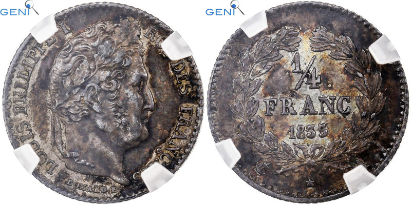 France, Louis-Philippe I, 1/4 Franc, 1835, Paris, Silver, GENI, MS63
Head of Lo...