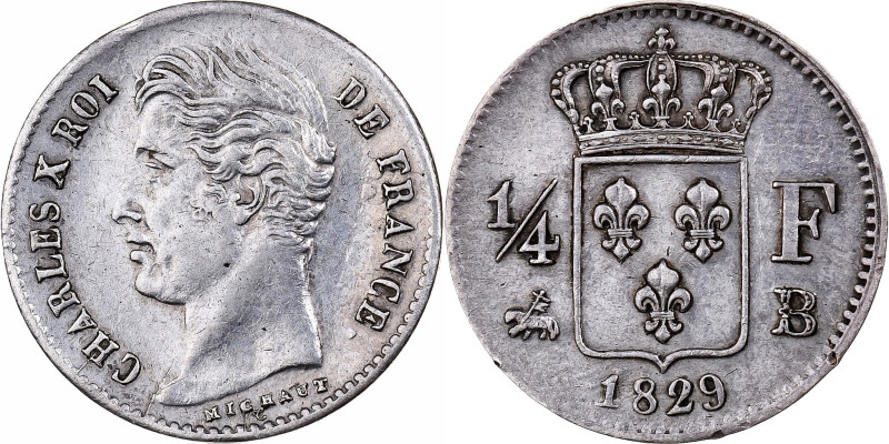 France, Charles X, 1/4 Franc, 1829, Rouen, Silver, AU(50-53), Gadoury:353
Bare ...