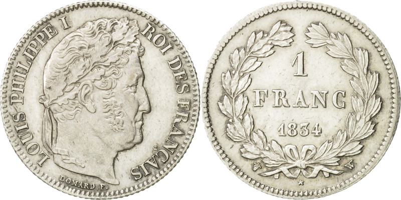 France, Louis-Philippe I, Franc, 1834, Lille, Silver, AU(55-58), Gadoury:453
He...