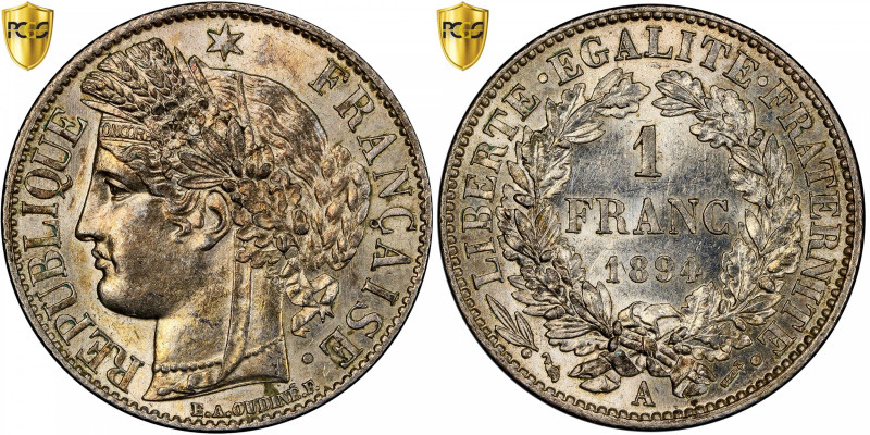 France, Franc, Cérès, 1894, Paris, Silver, PCGS, AU58, Gadoury:465a
Graded PCGS...