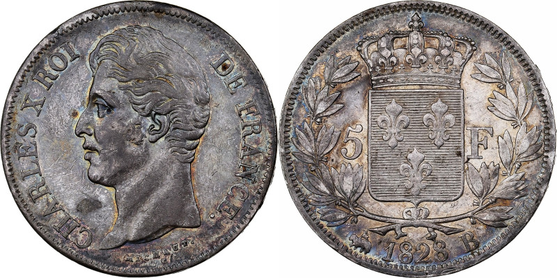 France, Charles X, 5 Francs, 1828, Rouen, Silver, EF(40-45), Gadoury:644
Bare h...