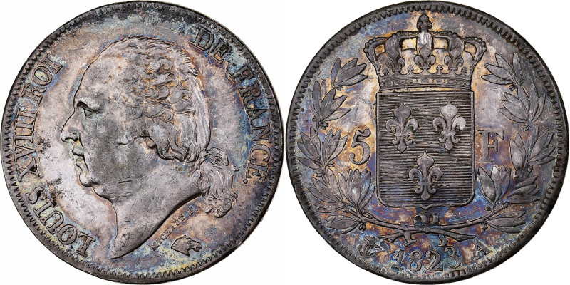 France, Louis XVIII, 5 Francs, 1823, Paris, Silver, AU(50-53), Gadoury:614
Bare...