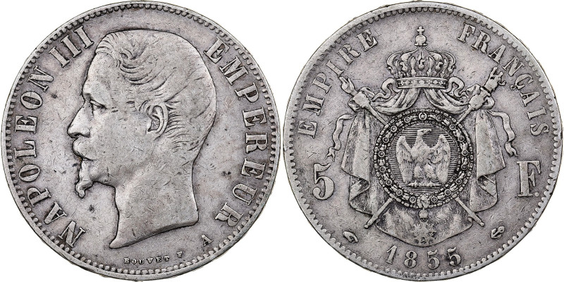 France, Napoleon III, 5 Francs, 1855, Paris, Silver, VF(30-35), Gadoury:734
Bar...