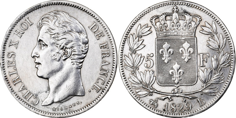 France, Charles X, 5 Francs, 1829, Rouen, Silver, AU(50-53), Gadoury:644
Bare h...