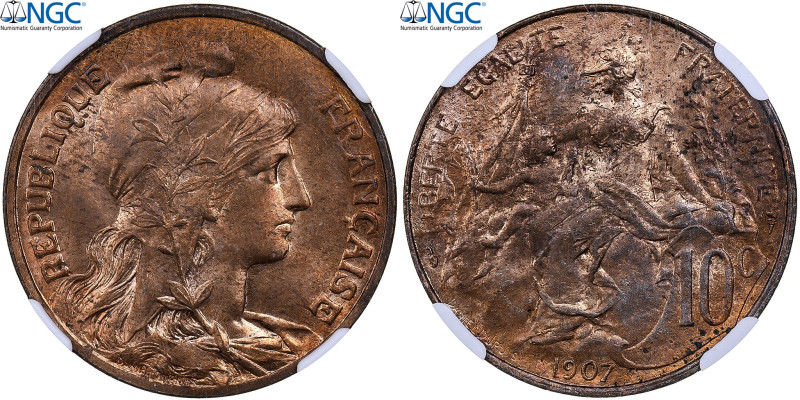 France, 10 Centimes, Daniel-Dupuis, 1907, Paris, Bronze, NGC, MS64RB
Draped bus...