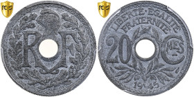 France, 20 Centimes, Lindauer, 1945, Paris, Zinc, PCGS, MS63, Gadoury:324