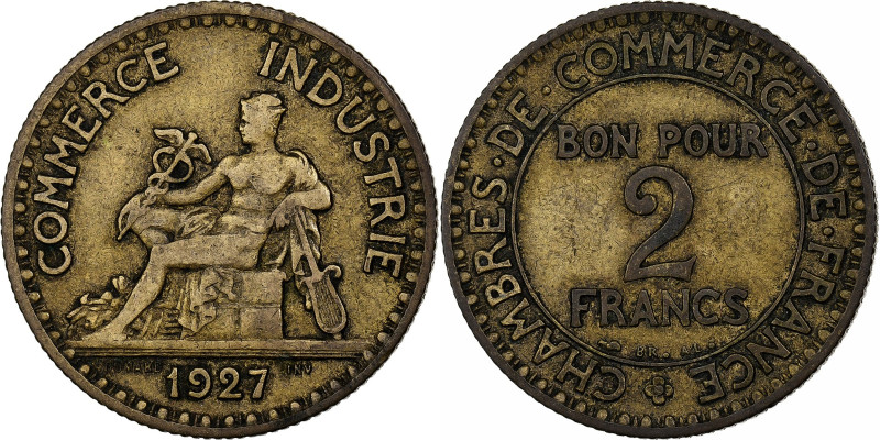 France, 2 Francs, Chambre de commerce, 1927, Paris, Aluminum-Bronze, VF(30-35)
...