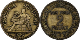 France, 2 Francs, Chambre de commerce, 1927, Paris, Aluminum-Bronze, VF(30-35)